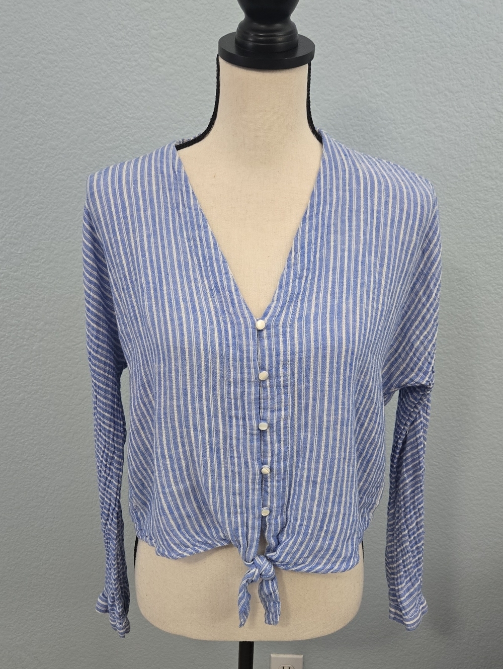 RAILS Sloane Azure Striped Blue Tie-Front Button Up V-Neck Blouse Sz Medium - Picture 2 of 10